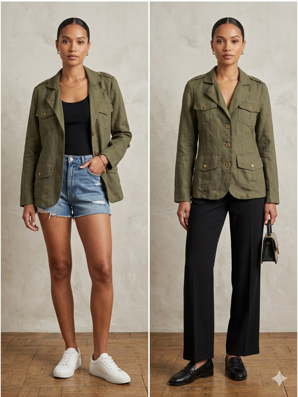 Rare Bisou Bisou Michele Bohbot Olive brown Linen Blazer Jacket Utility Cargo -S